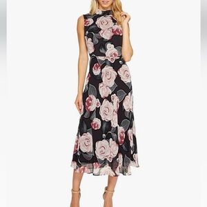 Taylor Frosted Rose pink black white midi Dress open keyhole tie back 10 NWT
